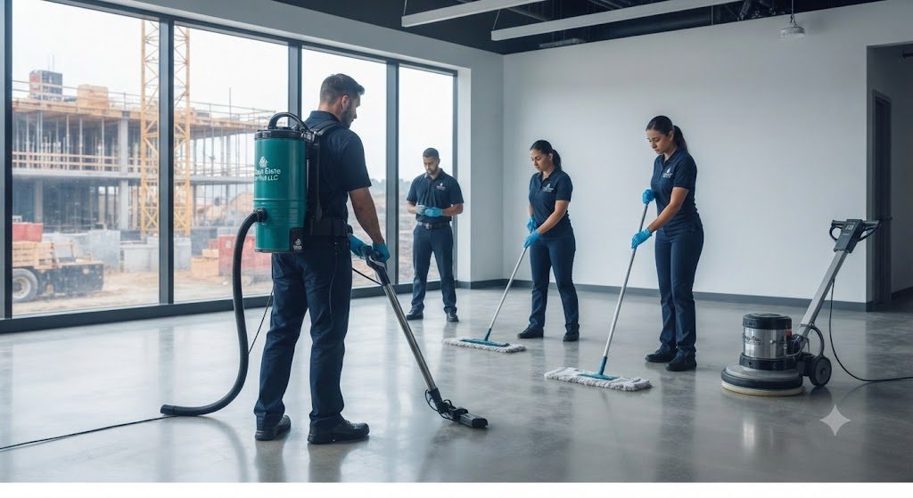 Clean Slate Service team member cleaning glass surfaces in a Scottsdale office